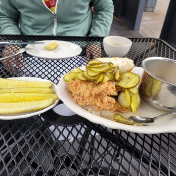 Jacob's Pickles - Honey chicken and pickles biscuit & cheesy grits - Comfort Food Near Me - New York, New York Jacob's Pickles - Honey chicken and pickles biscuit & cheesy grits - Comfort Food Near Me - New York, New York