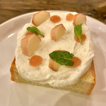 Staple & Fancy - Olive oil cake with poached pear, whipped ricotta, and mint - Italian Near Me - Seattle, Washington