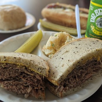 Kosher Bite - Brisket sandwich with mustard, potato salad, hot dog, and a potato knish. Perfect! - Delis Near Me - Laguna Hills, California Kosher Bite - Brisket sandwich with mustard, potato salad, hot dog, and a potato knish. Perfect! - Delis Near Me - Laguna Hills, California
