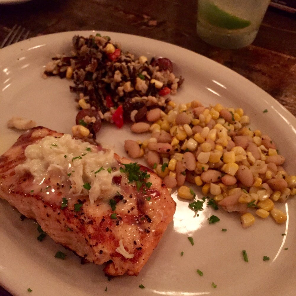 Cowfish - Salmon with crab meat -fish of the day - New American Near Me - Hampton Bays, New York Cowfish - Salmon with crab meat -fish of the day - New American Near Me - Hampton Bays, New York
