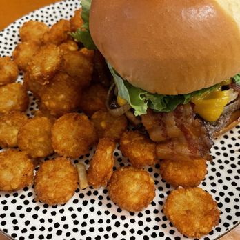 Burger Spot - Bacon Cheeseburger with grilled onions and Tater Tots @ The Burger Spot. - Burgers Near Me - Medford, Oregon Burger Spot - Bacon Cheeseburger with grilled onions and Tater Tots @ The Burger Spot. - Burgers Near Me - Medford, Oregon