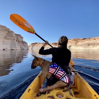 Lake Powell Paddleboards and Kayaks - They gave us a floating vest for our pup and an extra long kayak to accommodate for extra space - Paddleboarding Near Me - Page, Arizona