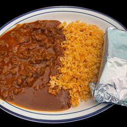 El Chilo’s - Chile Rojo: Beef chunks, in red sauce. Served with rice, beans, and tortillas.