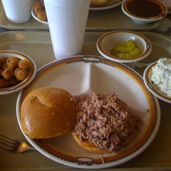 Mike Anderson's BBQ House - Chopped brisket sandwich, fried okra & dill potato salad - Barbeque Near Me - Dallas, Texas Mike Anderson's BBQ House - Chopped brisket sandwich, fried okra & dill potato salad - Barbeque Near Me - Dallas, Texas