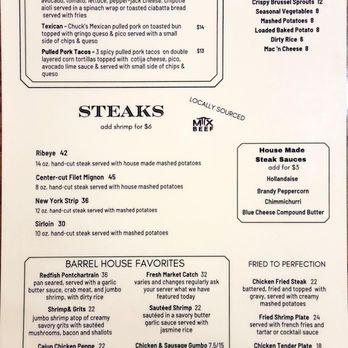 The Barrel House - Dinner menu back - Cajun/Creole Near Me - Llano, Texas The Barrel House - Dinner menu back - Cajun/Creole Near Me - Llano, Texas