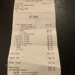 Arby's - $30.72 order DT384, 8:58:40 PM