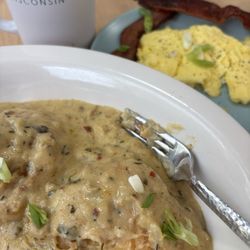 Scoot’s Cafe - Biscuits and gravy with eggs and NUESKE'S bacon