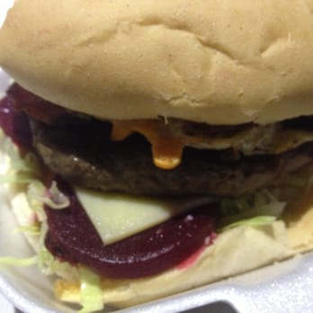 Fryhard takeaway - Fryhard Works Burger sans onion - mince pattie, bacon, egg, lettuce, tomato, cheese, beetroot & BBQ sauce - Fish & Chips Near Me - Carseldine, QLD