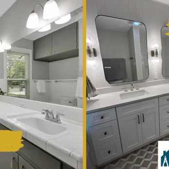 AIM Fix & Finish - Fully renovated and upgraded primary (master) bathroom. Custom built in vanity, wired sconce lights, luxury mirrors, luxury floor tile. - Plumbing Near Me AIM Fix & Finish - Fully renovated and upgraded primary (master) bathroom. Custom built in vanity, wired sconce lights, luxury mirrors, luxury floor tile. - Plumbing Near Me