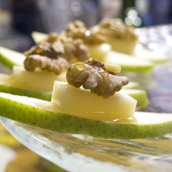 Cafe Danielle Catering and Events - Pear topped with Camembert Cheese, Walnut, and a Wildflower Honey Drizzle - Caterers Near Me Cafe Danielle Catering and Events - Pear topped with Camembert Cheese, Walnut, and a Wildflower Honey Drizzle - Caterers Near Me