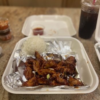 Korean Chili - Spicy Chicken Platter ( Missing Spring Roll) Sticky White Rice - Korean Near Me - Tulare, California