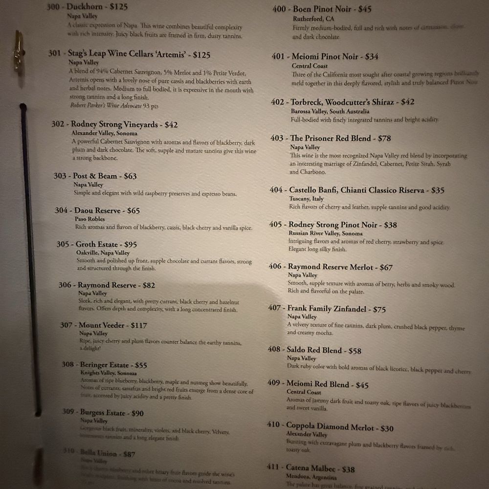 The Paragon Supper Club - Wine menu - Steakhouses Near Me - Dayton, Ohio