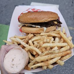 Wasabi burger and seasoned fries.