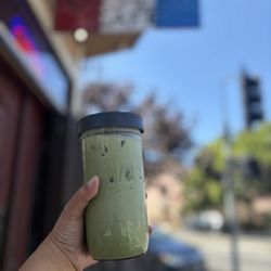 Iced Strawberry Matcha Latte with Oat MYLK in my own jar