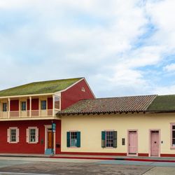 Cooper-Molera Adobe - Cooper Adobe Historic House Museum (left) and Alta Bakery & Cafe (Diaz Adobe, right). Facing Munras Avenue. Photo by Barry Schwartz.