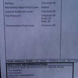 Copy of the maintenance checks performed including recommendations for my next visit. Copy of the maintenance checks performed including recommendations for my next visit.