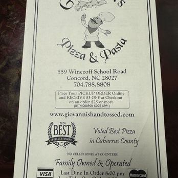 Giovanni's Pizza & Pasta - Front of menu - Pizza Near Me - Concord, North Carolina