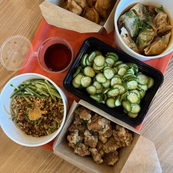 Chubby Dumplings - Spicy Mala Garlic Dry Noodle With Minced Pork, Cripsy Wonton, Szechuan Spicy Wonton, Crisp Cucumbers, Taiwaneses Popcorn Chicken - Chinese Near Me - Anaheim, California