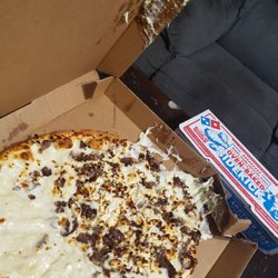 Domino's Pizza - My Philly steak pizza with toppings all smoothed to one side. I did not order a half n half pizza.