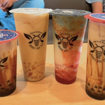 Honey Bee Tea - Oakville - Drinks we ordered. Tiger milk tea, mango drink with lychee jelly, strawberry matcha, and the tiger milk - Juice Bars & Smoothies Near Me - Oakville, Missouri