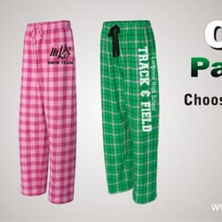 Kirkwood Trading Company - Custom printed pajama pants. Full line of styles & colors. Screen printed to fit your needs. Great for high schools, colleges, team sports.