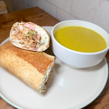 Layla's Falafel - Lunch Special- Chicken Shawarma Toasted Wrap with 8 oz Split Lentil Soup - Middle Eastern Near Me - Fairfield, Connecticut Layla's Falafel - Lunch Special- Chicken Shawarma Toasted Wrap with 8 oz Split Lentil Soup - Middle Eastern Near Me - Fairfield, Connecticut