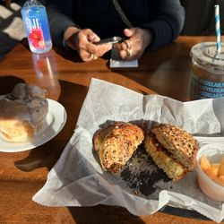 Franklin Bakehouse - Everything scone with bacon egg and cheese with fruit.  AMAZiNG