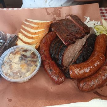 Goldee’s BBQ - 1 lb brisket, 3 pork ribs, 1 link each of the sausage (original, cheddar and the ROC),  BOMB bread pudding and free homemade bread - Barbeque Near Me - Fort Worth, Texas