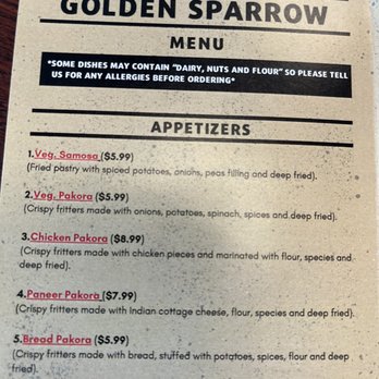 Golden Sparrow - Appetizers Menu - Indian Near Me - Salem, Oregon Golden Sparrow - Appetizers Menu - Indian Near Me - Salem, Oregon