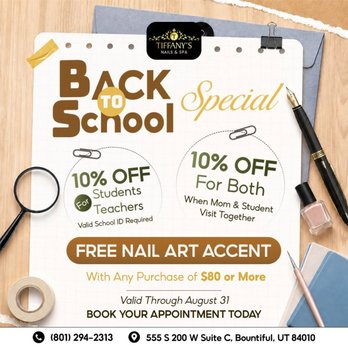 Tiffany's Nail & Spa - -- !
Get ready for the new school year with fabulous savings at Tiffany's Nails & Spa! Be - Nail Salons Near Me - Bountiful, Utah Tiffany's Nail & Spa - -- !
Get ready for the new school year with fabulous savings at Tiffany's Nails & Spa! Be - Nail Salons Near Me - Bountiful, Utah