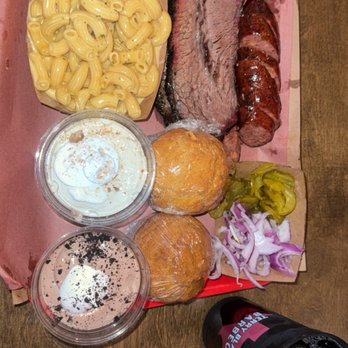 Terry Black's Barbecue - Mac & cheese, jalapeño sausage, brisket, corn bread, banana pudding and chocolate mouse. - Barbeque Near Me - Fort Worth, Texas