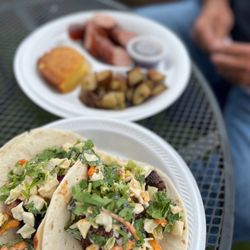 Fatguy Southern Kitchen - Burnt ends tacos and BBQ sausage plate.