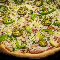 Bondi's Pizza - 650º Vegan Spicy Vegan Cheese by Daiya, Pineapple, jalapeno, green pepper, vegan pepperoni.