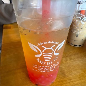 Honey Bee Tea - Passion fruit tea with strawberry poppin boba - Bubble Tea Near Me - Manchester, Missouri Honey Bee Tea - Passion fruit tea with strawberry poppin boba - Bubble Tea Near Me - Manchester, Missouri