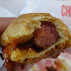 Wienersnitzel - Half of my "Chili Dog," showing all of the goodness.