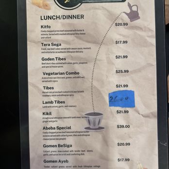 Abeba Restaurant - Back of menu - Eritrean Near Me - Lynnwood, Washington