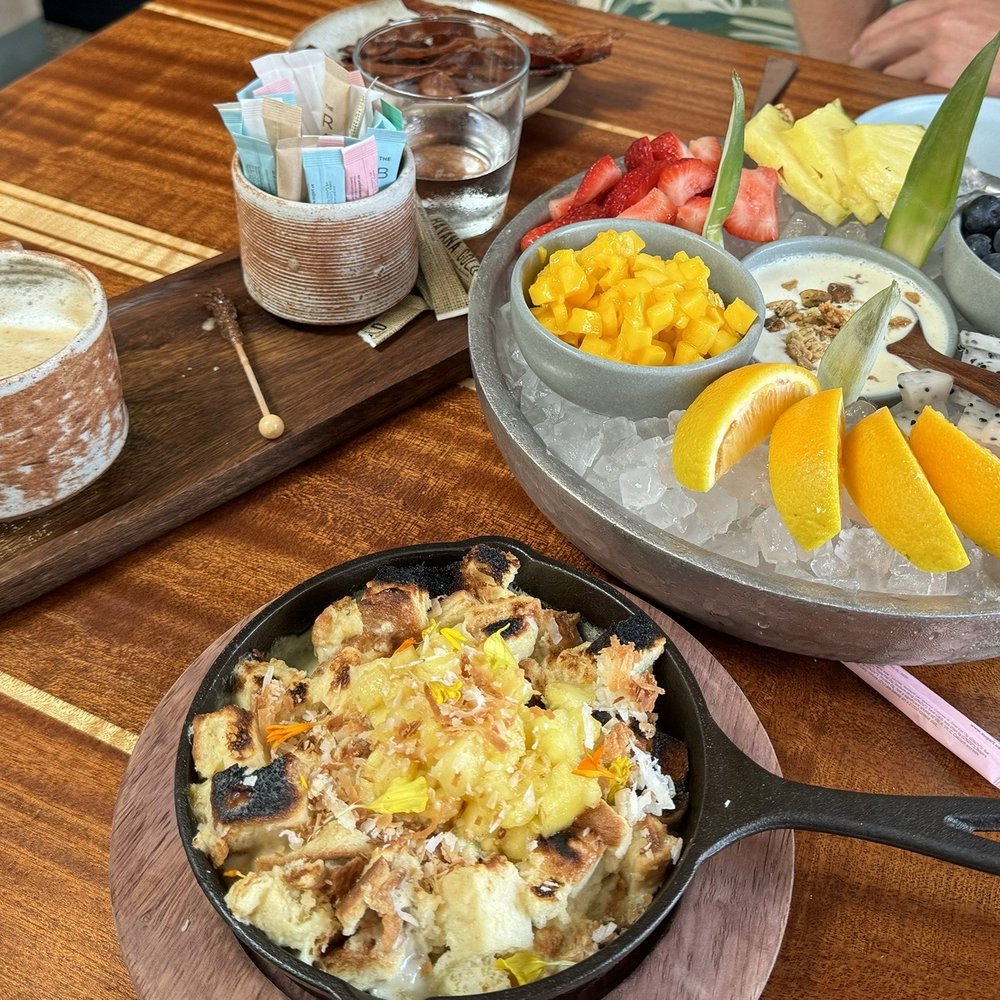 The Longboard - Cappuccino, fruit platter and the baked French toast - Seafood Near Me - Sullivan's Island, South Carolina The Longboard - Cappuccino, fruit platter and the baked French toast - Seafood Near Me - Sullivan's Island, South Carolina
