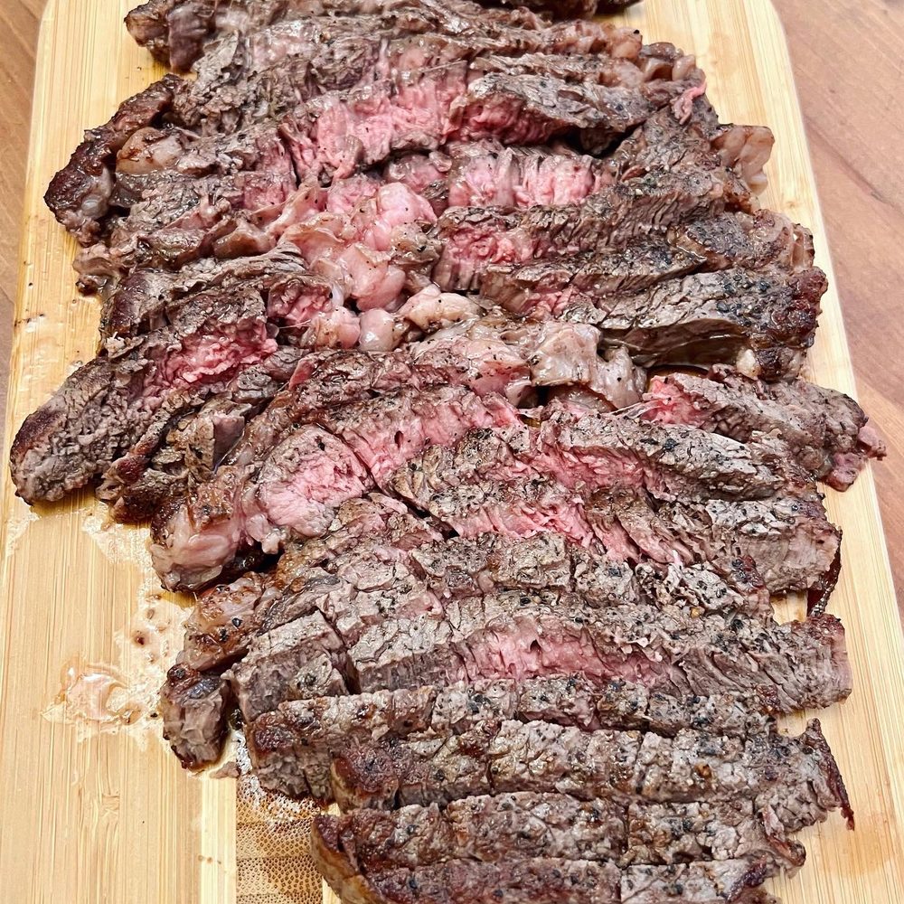 sliced steak on a cutting board sliced steak on a cutting board