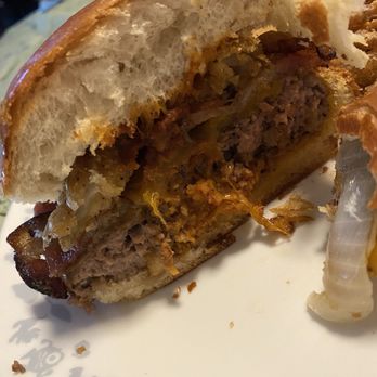 Gouldsburgers - Cross section of the Smokehouse burger - Burgers Near Me - Haddonfield, New Jersey Gouldsburgers - Cross section of the Smokehouse burger - Burgers Near Me - Haddonfield, New Jersey