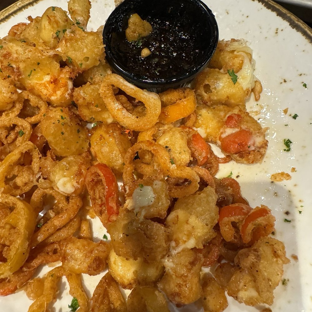 Henry's Tavern - Tempura cheese curd with onion and chilies.  On the side delicious pepper jam. - Breakfast & Brunch Near Me - Portland, Oregon