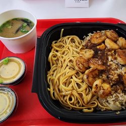 Hibachi House - Shrimp hibachi 2 sides: noodles + fried rice 2 sauces: ginger + yum yum Soup or salad: soup