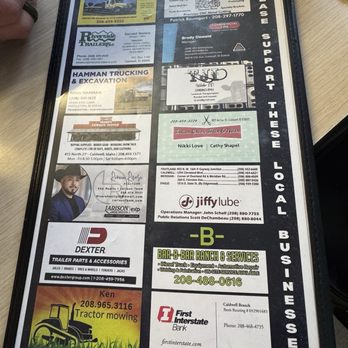 Cattlemen's Cafe - Back of menu cover also supports local businesses. - Cafes Near Me - Caldwell, Idaho Cattlemen's Cafe - Back of menu cover also supports local businesses. - Cafes Near Me - Caldwell, Idaho