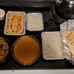 Bittoo's Tikka - From left to right: Lamb Biryani, Marsala Fries, Lamb Butter Masala Curry, Plain Naan