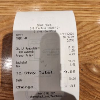 Shake Shack - Spectrum - Receipt - Burgers Near Me - Irvine, California Shake Shack - Spectrum - Receipt - Burgers Near Me - Irvine, California