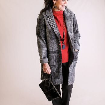 Fashion Crossroads - Lovely dressy coat paired with a red sweater and tummy taming slacks. - Women's Clothing Near Me - Casper, Wyoming Fashion Crossroads - Lovely dressy coat paired with a red sweater and tummy taming slacks. - Women's Clothing Near Me - Casper, Wyoming
