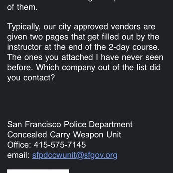 Bay Area Firearms Training Group - Info from SFPD stating that this company is not an approved vendor for CCW in San Francisco Bay Area. - Gun/Rifle Ranges Near Me - Burlingame, California Bay Area Firearms Training Group - Info from SFPD stating that this company is not an approved vendor for CCW in San Francisco Bay Area. - Gun/Rifle Ranges Near Me - Burlingame, California