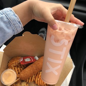 STIX - Cheese Corndog with waffle fries and a side of ketchup and spicy mayo with their strawberry milk tea no extra topping - Hot Dogs Near Me - San Francisco, California STIX - Cheese Corndog with waffle fries and a side of ketchup and spicy mayo with their strawberry milk tea no extra topping - Hot Dogs Near Me - San Francisco, California