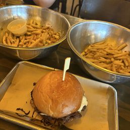 Wagyu Smash burger with Parmesan truffle fries n chipperbec fries. Wagyu Smash burger with Parmesan truffle fries n chipperbec fries.