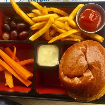 Bluewater Grill - Kid's Bento Box: Cheeseburger, fries, carrots and grapes - Seafood Near Me - Coronado, California