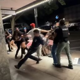 Security trying to separate girls fighting